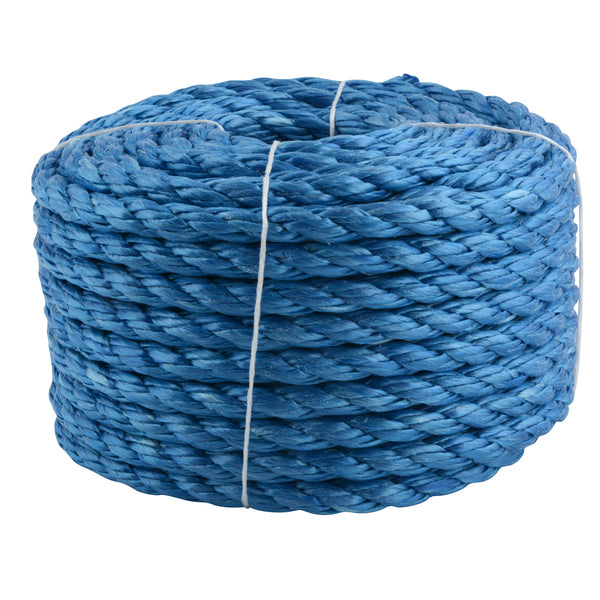Blått poly-tau med 3 slått. Tykkelse 12 mm, lengde 20 meter på rull. Bruddstyrke: 2120 kg. image
