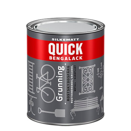 Quick Bengalack Grunning er en robust og rusthindrende grunning som sikrer det beste underlaget. Etterbehandles med 2 strøk Quick Bengalack Universal. Den er utmerket til alle underlag av metall og gir god heft til underlag som tre og hardplast. Grunningen gir et silkematt utseende og kan benyttes som toppstrøk alene, men da med 3 strøk. image