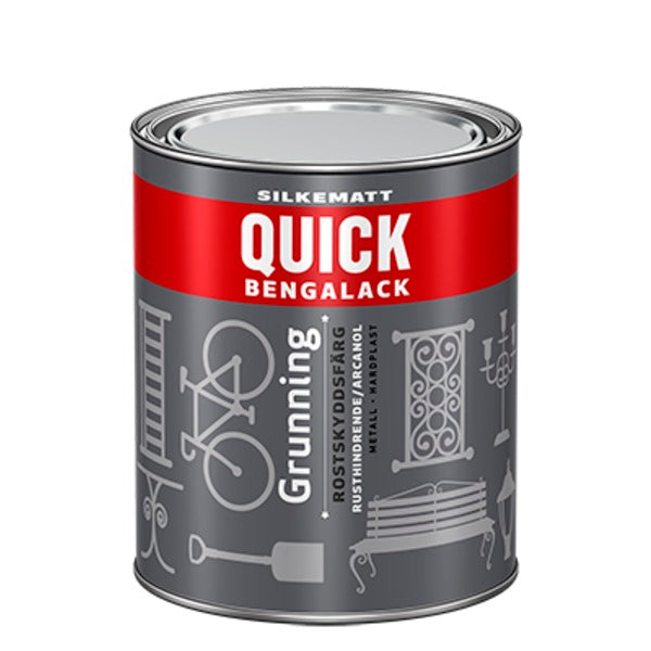 Quick Bengalack Grunning er en robust og rusthindrende grunning som sikrer det beste underlaget. Etterbehandles med 2 strøk Quick Bengalack Universal. Den er utmerket til alle underlag av metall og gir god heft til underlag som tre og hardplast. Grunningen gir et silkematt utseende og kan benyttes som toppstrøk alene, men da med 3 strøk. image