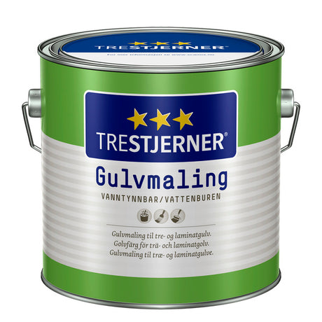 Trestjerner Gulvmaling har svært god vedheft og slitestyrke og kan i tillegg til tre- og parkettgulv anvendes på laminatgulv, vinylbelegg og betong. Den er enkel å bruke, og krever svært lite forarbeid. Malingen er vanntynnet og lukter lite. Trestjerner Gulvmaling fås i glansgradene blank, halvblank og matt og kan blandes i mange farger. image