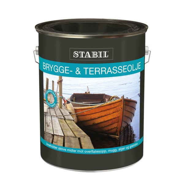 Stabil Brygge- og terrasseolje er en suveren treimpregneringsolje som er tilsatt farveløs tretjære. Hindrer soppdannelse, som gjør den ideell for terrassegulv, gjerdestolper, trebåter, brygger og annet treverk som er utsatt for fuktighet. Kan brekkes i blandemaskin. image