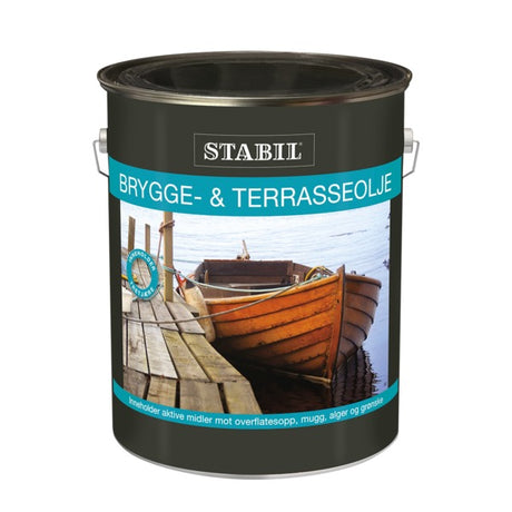 Stabil Brygge- og terrasseolje er en suveren treimpregneringsolje som er tilsatt farveløs tretjære. Hindrer soppdannelse, som gjør den ideell for terrassegulv, gjerdestolper, trebåter, brygger og annet treverk som er utsatt for fuktighet. Kan brekkes i blandemaskin. image