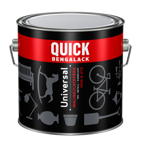 Quick Bengalack Universal gir en flott, silkematt overflate og kan brukes på så og si alt. Den er utviklet til å gi en sterk og slitesterk overflate til underlag av metall, tre og hardplast - inne som ute. Brukt i kombinasjon med Quick Bengalack Grunning vil du få en overfalte som varer i år etter år. Brukes gjerne på møbler, hagemøbler, sykler, lamper, potter, lysestaker, flaggstenger, smijernsporter ol. Kan blandes i nærmest all verdens farger! image