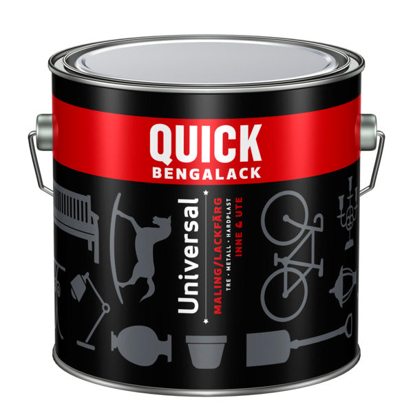Quick Bengalack Universal gir en flott, silkematt overflate og kan brukes på så og si alt. Den er utviklet til å gi en sterk og slitesterk overflate til underlag av metall, tre og hardplast - inne som ute. Brukt i kombinasjon med Quick Bengalack Grunning vil du få en overfalte som varer i år etter år. Brukes gjerne på møbler, hagemøbler, sykler, lamper, potter, lysestaker, flaggstenger, smijernsporter ol. Kan blandes i nærmest all verdens farger! image