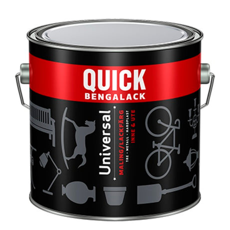 Quick Bengalack Universal gir en flott og blank overflate og kan brukes på så og si alt. Den er utviklet til å gi en sterk og slitesterk overflate til underlag av metall, tre og hardplast - inne som ute. Brukt i kombinasjon med Quick Bengalack Grunning vil du få en overfalte som varer i år etter år. I tillegg kan produktet blandes i nærmest alle farger. image