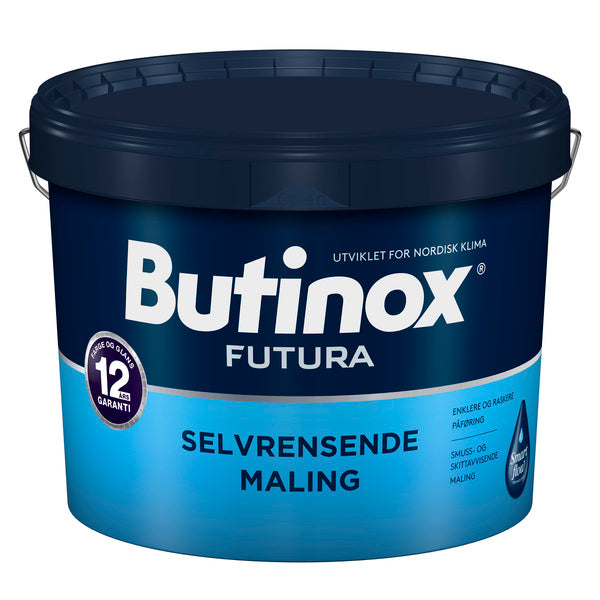 Butinox Futura Selvrensende Maling er en høyteknologisk maling med selvrensende egenskaper som gir et varig nymalt og rent utseende, samt effektiv beskyttelse mot sopp og algeangrep. 

Butinox Futura Selvrensende Maling gir 12 års garanti på farge og glans. Produktet oppfyller nordiske miljøkrav og har fått tildelt miljømerket Svanen. 
Malingen danner en hydrofil malingsfilm som gjør at svertesopp 