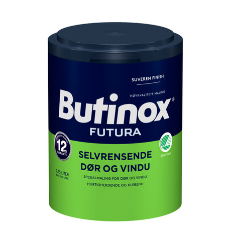 Butinox Futura Selvrensende Dør og Vindu er en vanntynnet spesialmaling til dør, vindu og detaljer av høvlet treverk. Den selvrensende malingen gir suveren finish og 12 års garanti på farge og glans. Dette gir langvarig nymalt og rent utseende, samt effektiv beskyttelse mot sopp og alger. Spesialmalingen gir en hurtigherdene og klebefri overflate for dører og vinduer som skal lukkes og åpnes. image