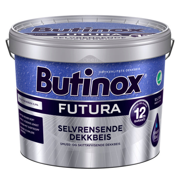 Butinox Futura Selvrensende Dekkbeis er en høyteknologisk dekkbeis med selvrensende egenskaper som gir et varig nymalt og rent utseende, samt effektiv beskyttelse mot sopp og algeangrep. Butinox Futura Selvrensende Dekkbeis gir 12 års garanti på farge og glans. Produktet oppfyller nordiske miljøkrav og har fått tildelt miljømerket Svanen. Dekkbeisen danner en hydrofil malingsfilm som gjør at svertesopp og annen skitt har vanskeligere for å feste seg. Den selvrensende malingsfilmen gjør at vannet fra en r...