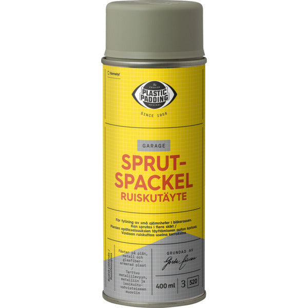 Sparkelspray i hendig sprayflaske for utfylling av mindre ujevnheter, riper og lakkskader på karosseriet. Er rustbeskyttende og skal overlakkeres med enkomponent lakk eller maling. Festes på behandlede og ubehandlede overflater av platemetall, metall og glassfiberarmert plast. Kan sprayes i flere lag for maksimal fyllkapasitet.. image