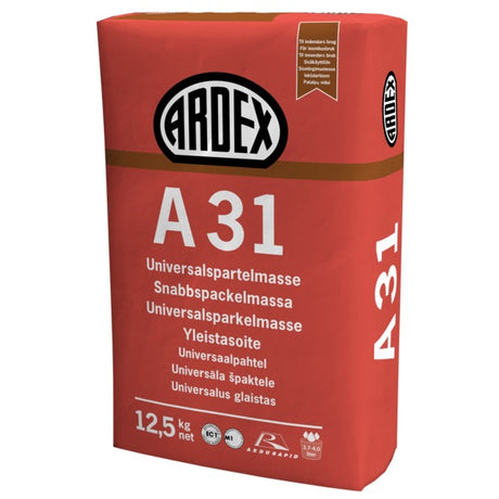 Til oppretting og finsparkling av gulv og vegger. ARDEX A 31 er en sementbasert, sigefri, finkornet, universalsparkelmasse til reparasjon, oppretting og finsparkling. Velegnet til underlag av betong, sement- og anhydritpusslag, terrazzogulv, flisbelegninger, naturstein, porebetong, lettklinkerbetong og forsvarlig festede gipsplater mm. Til utbedring av hull, ujevnheter og smårevner. ARDEX A 31 kan ikke brukes utendørs, eller på vedvarende vannbelastede områder. Ingen priming på sementbaserte underlag. image
