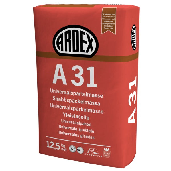 Til oppretting og finsparkling av gulv og vegger. ARDEX A 31 er en sementbasert, sigefri, finkornet, universalsparkelmasse til reparasjon, oppretting og finsparkling. Velegnet til underlag av betong, sement- og anhydritpusslag, terrazzogulv, flisbelegninger, naturstein, porebetong, lettklinkerbetong og forsvarlig festede gipsplater mm. Til utbedring av hull, ujevnheter og smårevner. ARDEX A 31 kan ikke brukes utendørs, eller på vedvarende vannbelastede områder. Ingen priming på sementbaserte underlag. image