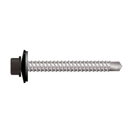 Farmerskrue 35 mm med borskjær og skive/pakning lakkert i LAL-farger for montering av stålplater mot tre. Borkapasitet i stål &lt1,25 mm. 20 mm lengde er for montering av stålplate eller beslag til stålplate. Leveres også i aluminium til samme formål, men beregnet for aluminiumplater. image