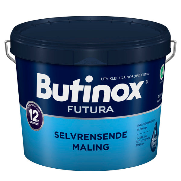 Butinox Futura Selvrensende Maling er en høyteknologisk maling med selvrensende egenskaper som gir et varig nymalt og rent utseende, samt effektiv beskyttelse mot sopp og algeangrep. Butinox Futura Selvrensende Maling gir 12 års garanti på farge og glans. Produktet oppfyller nordiske miljøkrav og har fått tildelt miljømerket Svanen. Malingen danner en hydrofil malingsfilm som gjør at svertesopp og annen skitt har vanskeligere for å feste seg. Den selvrensende malingsfilmen gjør at vannet fra en regnskur ...