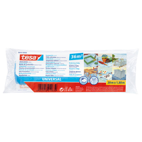 Skal du male vegger eller renovere hjemme? tesa Drop Cloth Universal er en stor hjelpe med å få jobben gjort raskt uten faren for at skitt eller malingssøl ødelegger tepper eller møbler. Denne plastpresenningen er en slitesterk trekkduk for malere, på 4 m x 5 m. Den er både rivefast og motstandsdyktig mot løsemidler, noe som gjør den til en ideell trekkduk for beskyttelse av store områder. image