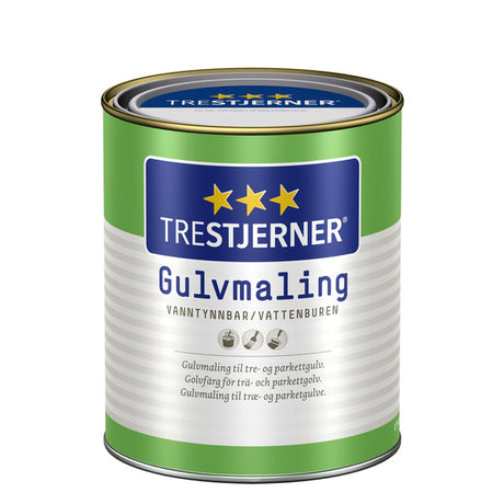 Trestjerner Gulvmaling har svært god vedheft og slitestyrke og kan i tillegg til tre- og parkettgulv anvendes på laminatgulv, vinylbelegg og betong. Den er enkel å bruke, og krever svært lite forarbeid. Malingen er vanntynnet og lukter lite. Trestjerner Gulvmaling fås i glansgradene blank, halvblank og matt og kan blandes i mange farger. image