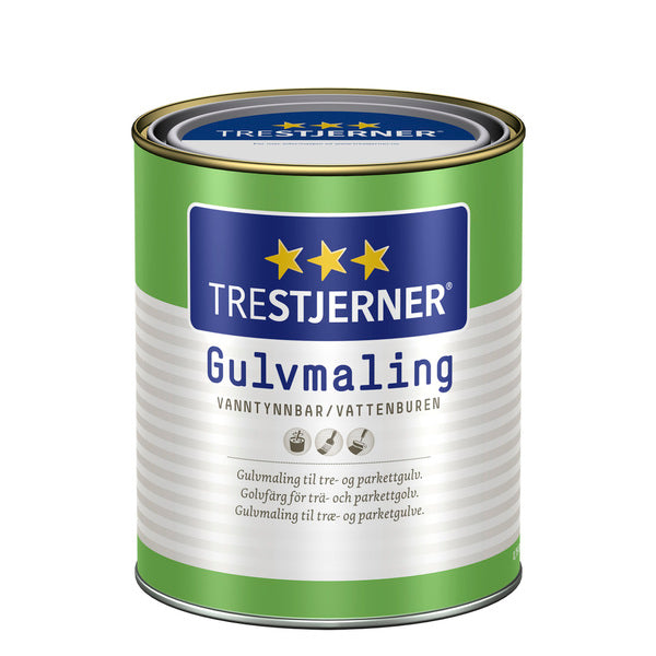 Trestjerner Gulvmaling har svært god vedheft og slitestyrke og kan i tillegg til tre- og parkettgulv anvendes på laminatgulv, vinylbelegg og betong. Den er enkel å bruke, og krever svært lite forarbeid. Malingen er vanntynnet og lukter lite. Trestjerner Gulvmaling fås i glansgradene blank, halvblank og matt og kan blandes i mange farger. image