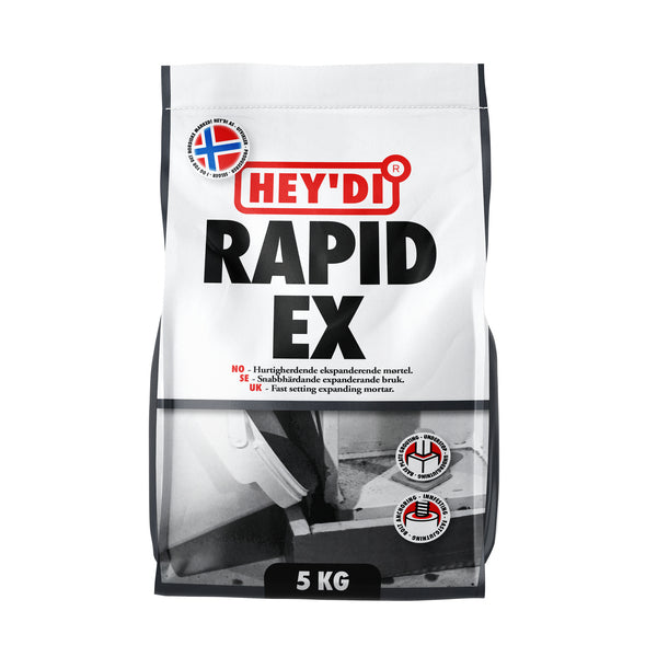 Heydi Rapid EX er en hurtigherdende, ekspanderende tørrmørtel på sementbasis til forankring og faststøping av metallgjenstander i betong og fjell, og til understøp av maskiner, skinner, søyler m.m. Utstøpt masse kan belastes etter kort tid og får meget høy trykkstyrke. image