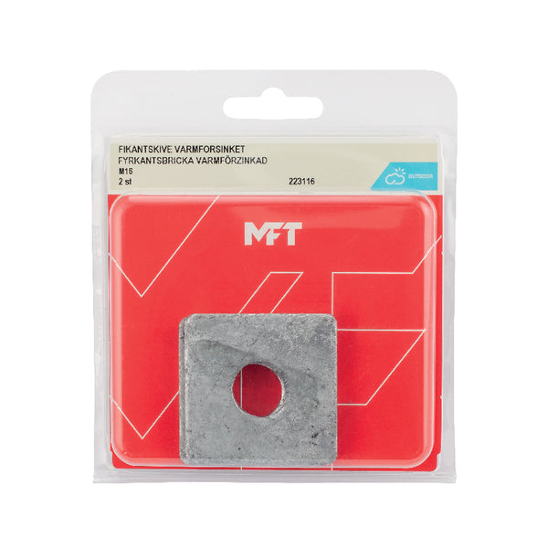 MFT Firkantskive er produsert i henhold til DIN436 standard i herdet karbonstål. Skiven har en varmforsinket overflatebehandling. Korrosjonsklasse C4. Bruksområde: MFT Firkantskive brukes sammen med skrue/bolt for å øke trykkfordelingen ved sammenskruing av detaljer. For innendørs og utendørs bruk. image