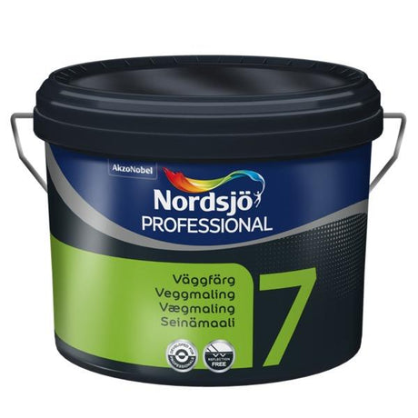 Professional 7 er en matt akrylforsterket PVA veggmaling for innendørs maling på puss, betong, lettbetong og bygningsplater av ulike typer, glassfibervev mm. Puss, betong og ulike platematerialer sparkles ved behov. For best resultat, grunn 1 gang med Professional Grund+ og ferdigmal 1-2 ganger med Professional 7. Tidligere malte flater vaskes og males 1-2 ganger med Professional 7. Smittende underlag grunnes med Professional Binder før maling. Unngå å male når temperaturen er under +5 C. image
