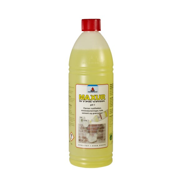 Maxur er et hurtigvirkende middel som fjerner kalk og sement som har sittet i årevis. Mange bruksområder. FJERNER OGSÅ: Rustvann, rustflekker, betongslam, grønne alger, mose og mineralavleiringer. Blandes 1:1 til 1:4 deler vann. image
