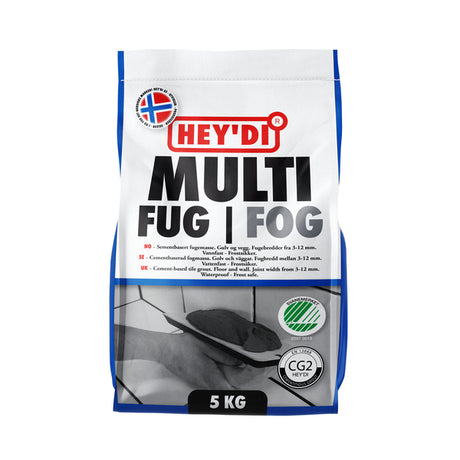 Heydi Multifug er en sementbasert fugemasse som benyttes til fuging av keramiske fliser, mosaikk og klinker på gulv og vegg. Laveste anvendelsestemperatur er 6°C, dette gjelder også underlaget. image