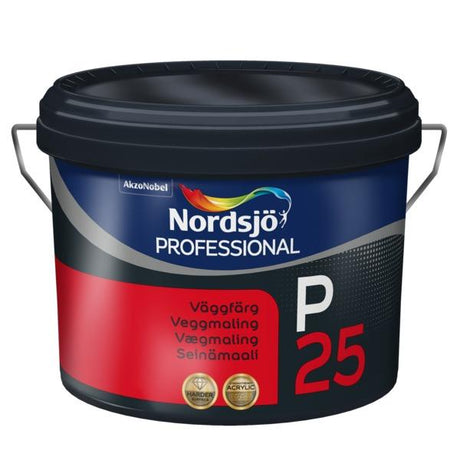 Professional P25 er en silkematt vanntynnet slitesterk akryl veggmaling med meget god dekkevne som gir en moderne overflate som egner seg for rom med store lysinnslipp som brukes på puss, betong, lettbetong og ulike bygningsplater, glassfibervev mm. image