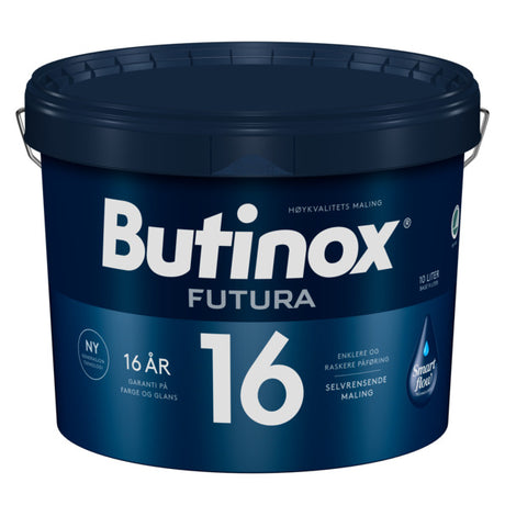 Butinox Futura 16 er bygget på en helt ny generasjon akrylteknologi og kan dermed gi hele 16 års garanti på farge og glans. Eksteriørmalingen er testet under ekstreme klimatiske forhold, både i solrike Florida og i Norge. Langtidstester viser at Butinox Futura 16 er imponerende 55% bedre på farge og glans enn tradisjonell maling. Malingen danner en hydrofil overflate. Dette gir selvrensende malingsfilm og dermed langvarig nymalt og rent utseende, samt effektiv beskyttelse mot sopp og alger. Smart Flow Te...