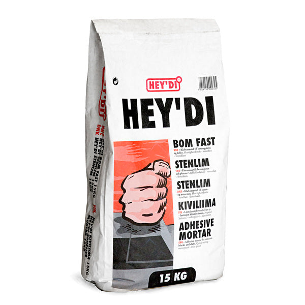 Heydi Bom Fast er en grå, sementbasert, plastforsterket klebemørtel i pulverform som blandet med vann herder til en vannfast og frostsikker limfuge med meget høy vedheft. image