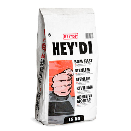 Heydi Bom Fast er en grå, sementbasert, plastforsterket klebemørtel i pulverform som blandet med vann herder til en vannfast og frostsikker limfuge med meget høy vedheft. image