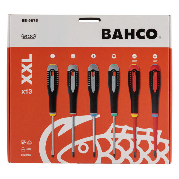 Bahco ergonomisk skrutrekkersett i 13 deler, for Phillips-, Pozidriv-, spor- og Torx-skruer. Innhold: 3 spor, 2 spor (1000V), 1 Phillips, 2 Pozidriv, 1 Pozidriv (1000V) og 4 Torx image