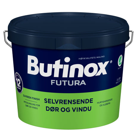 Butinox Futura Selvrensende Dør og Vindu er en vanntynnet spesialmaling til dør, vindu og detaljer av høvlet treverk. Den selvrensende malingen gir suveren finish og 12 års garanti på farge og glans. Dette gir langvarig nymalt og rent utseende, samt effektiv beskyttelse mot sopp og alger. Spesialmalingen gir en hurtigherdene og klebefri overflate for dører og vinduer som skal lukkes og åpnes. image