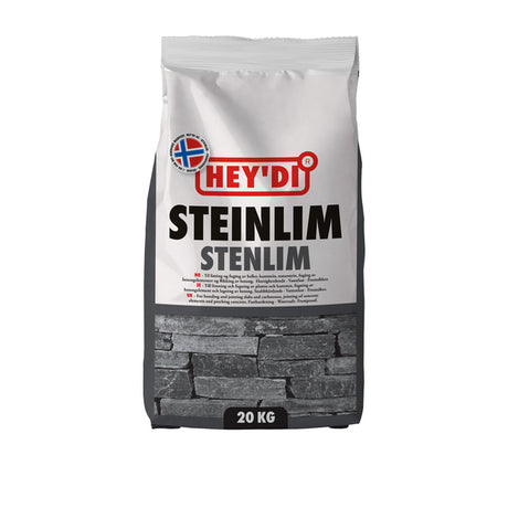 Heydi Steinlim er en grå, sementbasert, plastforsterket klebemørtel som blandet med vann herder til en vannfast og frostsikker limfuge med meget høy vedheft. image