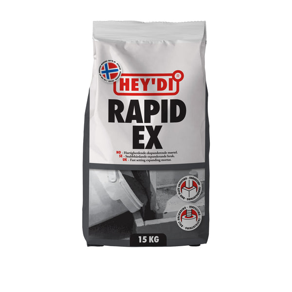 Heydi Rapid EX er en hurtigherdende, ekspanderende tørrmørtel på sementbasis til forankring og faststøping av metallgjenstander i betong og fjell, og til understøp av maskiner, skinner, søyler m.m. Utstøpt masse kan belastes etter kort tid og får meget høy trykkstyrke. image
