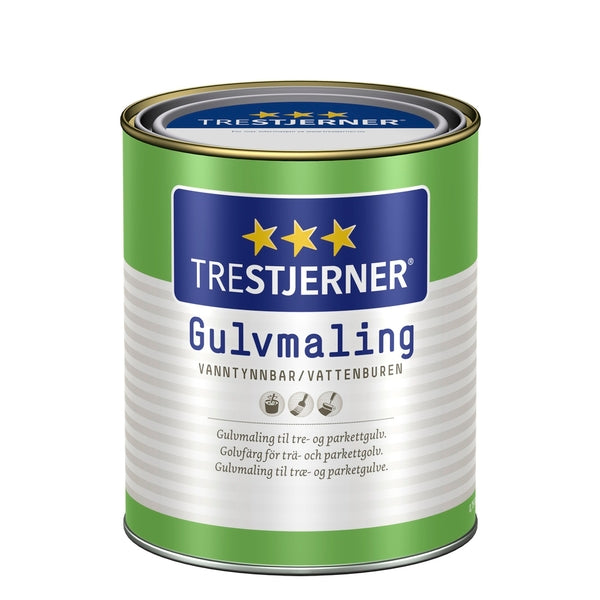 Trestjerner Gulvmaling har svært god vedheft og slitestyrke og kan i tillegg til tre- og parkettgulv anvendes på laminatgulv, vinylbelegg og betong. Den er enkel å bruke, og krever svært lite forarbeid. Malingen er vanntynnet og lukter lite. Trestjerner Gulvmaling fås i glansgradene blank, halvblank og matt og kan blandes i mange farger. image