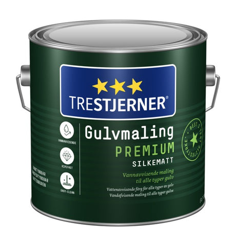 TRESTJERNER Gulvmaling Premium er en ekstra slitesterk og vannfast, luktsvak innendørs maling som kan brukes på tre-, laminat-, flis og betonggulv, gulvbelegg og tredetaljer (panel, møbler, dører, karmer og listverk) i tørre rom. Malingen er enkel å påføre. Gir meget god vedheft og er best i test på slitestyrke, se trestjerner.no for ytterligere informasjon. image