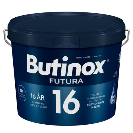 Butinox Futura 16 er bygget på en helt ny generasjon akrylteknologi og kan dermed gi hele 16 års garanti på farge og glans. Eksteriørmalingen er testet under ekstreme klimatiske forhold, både i solrike Florida og i Norge. Langtidstester viser at Butinox Futura 16 er imponerende 55% bedre på farge og glans enn tradisjonell maling. Malingen danner en hydrofil overflate. Dette gir selvrensende malingsfilm og dermed langvarig nymalt og rent utseende, samt effektiv beskyttelse mot sopp og alger. Smart Flow Te...